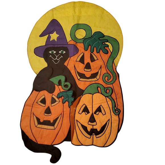 Pumpkin Cute Black Cat Halloween House Garden Flag 46" x 27" Layered Vtg - Picture 1 of 12